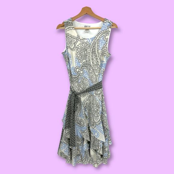 Robbie Bee Y2K Sheath Midi Dress white henna paisley handkerchief ruffled Sz 6 - Picture 1 of 9